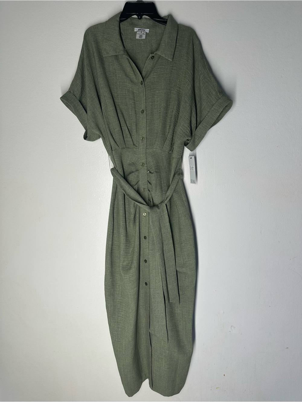 DKNY Olive Green Button-Front Midi Shirt Dress with Tie